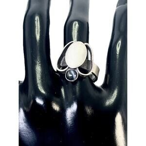 Christophe Poly Geometric Two Tone Black Glass Matte Sterling Silver Ring- 7.75